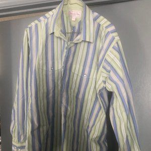 Panhandle Slim Green and Blue Striped Pearl Snap Shirt